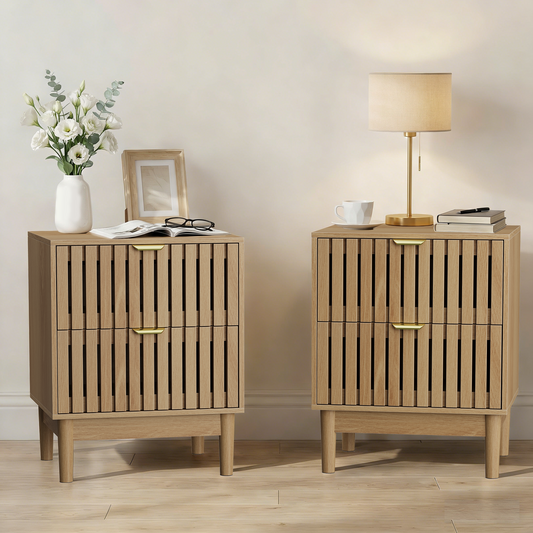 Mid-Modern Style Oak Bedside Table With Grille Design And Two Drawers. Suitable For Bedrooms, Hallways, And Living Rooms. Wooden Side Table, 17.72 X 15.35 X 22.34 Inches, Two-piece Set