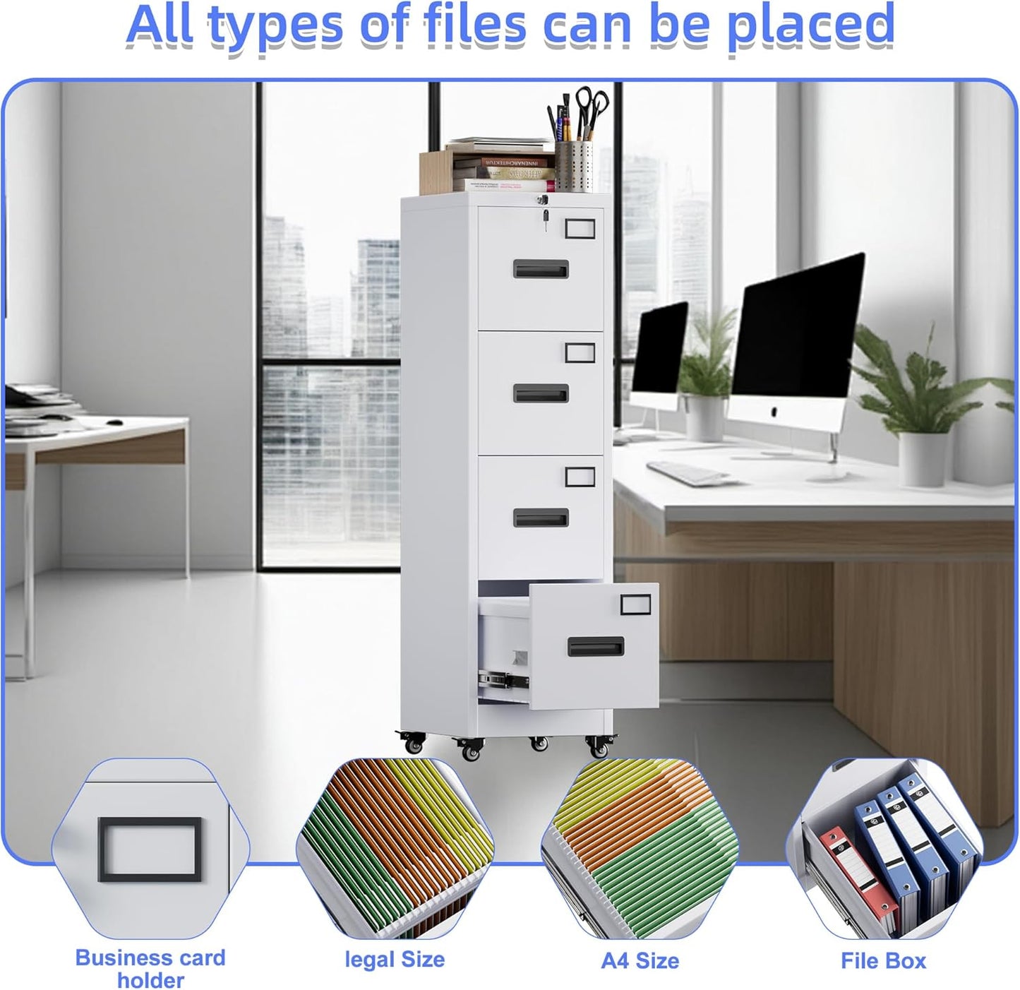 METAN 4 Drawer Vertical File Cabinet On Wheels, Lockable Office Files Storage Cabinet With Handle And Name Card,Mobile Storage Cabinet For Office And Home,Assembly Required,White