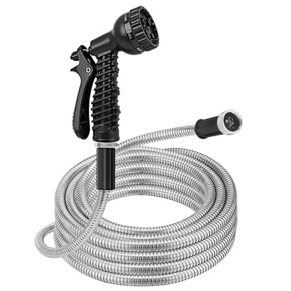 25FT-50FT-100FT Options -- 1Pc Heavy Duty Stainless Steel Garden Hose Garden Watering Kit Metal Water Hose With 2 Nozzles 12 Patterns Flexible Extendable Kink Tangle Puncture Resistant Dog Proof