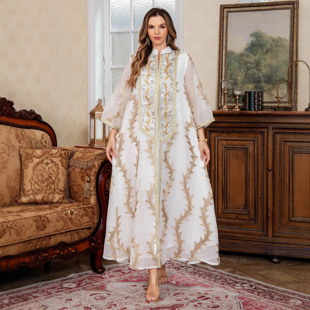 Heavy Embroidered Mesh Long Robe Dubai Party Dress Middle East Long Skirt Muslim Women's Long Robe