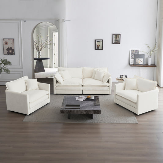 3 Piece Sofa Set With Arm Pillows And Toss Pillows , Sofa Set Include 2- Piece Of Arm Chair And One 2-seat Sofa, Space Saving Casual Sofa Set For Living Room, White Chenille