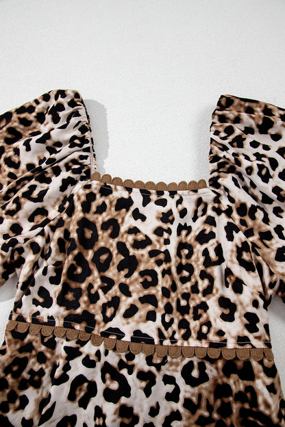 Leopard Square Neck Puff Sleeve Maxi Dress