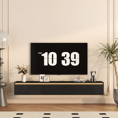 Floating TV Stand, Wall Mounted TV Shelf With Led Lights & Power Outlet,High Gloss TV Cabinet For Black Tv Stands For Living Room