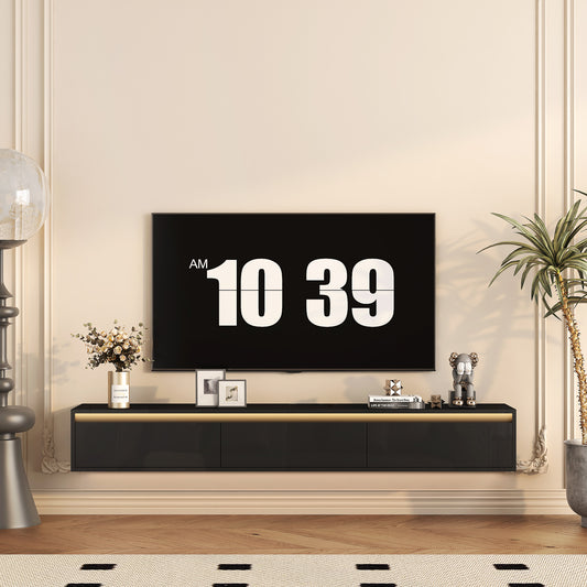 Floating TV Stand, Wall Mounted TV Shelf With Led Lights & Power Outlet,High Gloss TV Cabinet For Black Tv Stands For Living Room