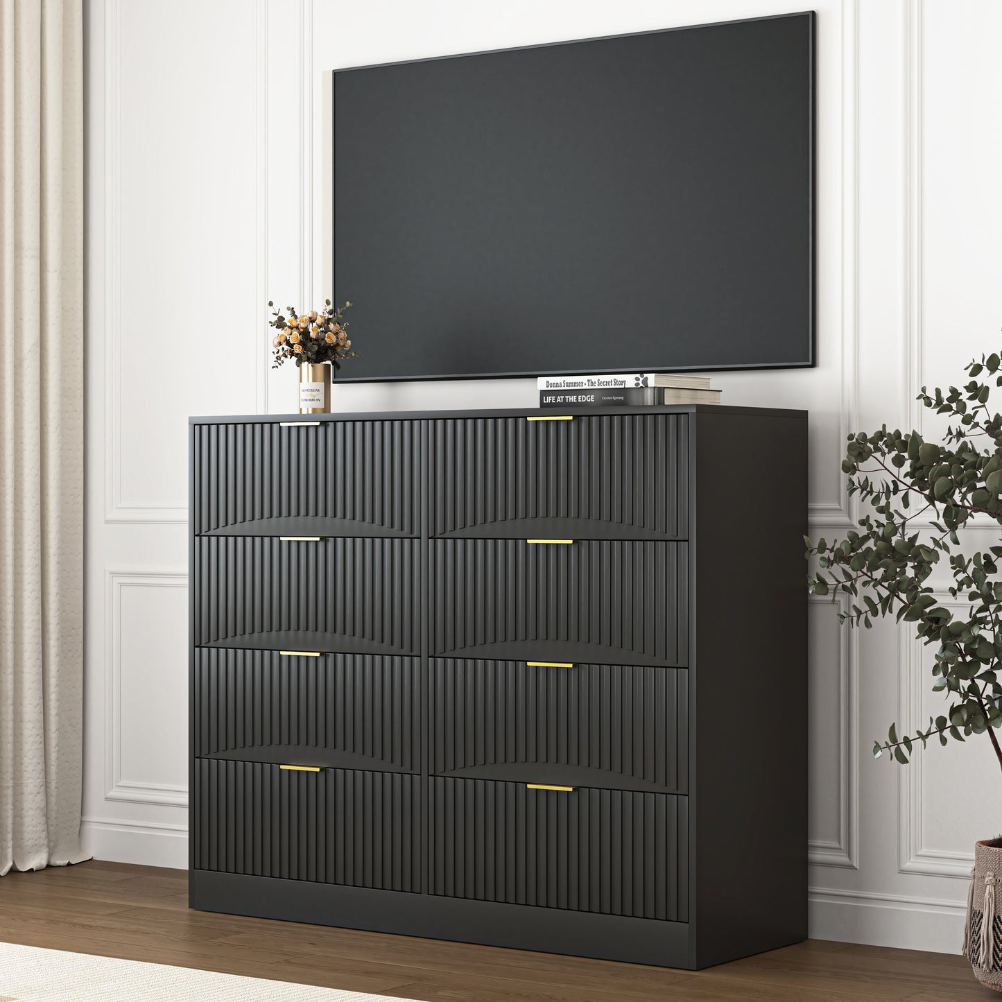 Modern 8 Drawers Dresser Chests For Bedroom,47.2 Wide Wood Chest Of Drawers With Gold Metal Handle,Drawer Organizer For Bedroom,Living Room,Hallway And Entryway,Black
