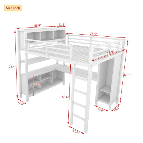 Metal Loft Bed With Wardrobe And L-shaped Desk, Full Size Loft Bed With Storage Cubes And Shelves, Heavy Duty Loft Bed For Kids Teens Adults