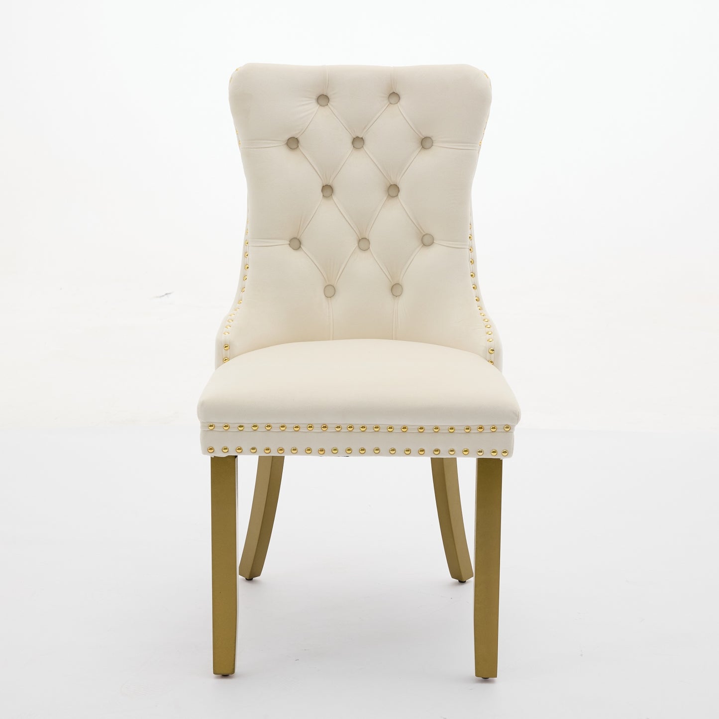 A&A Furniture, Nikki  Modern, High-end Tufted Solid Wood Contemporary Velvet Upholstered Dining Chair With Golden Wood Legs Nailhead Trim 2-Pcs Set, Milky White