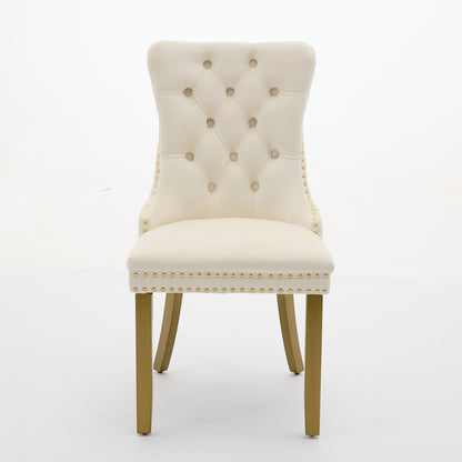 A&A Furniture, Nikki  Modern, High-end Tufted Solid Wood Contemporary Velvet Upholstered Dining Chair With Golden Wood Legs Nailhead Trim 2-Pcs Set, Milky White