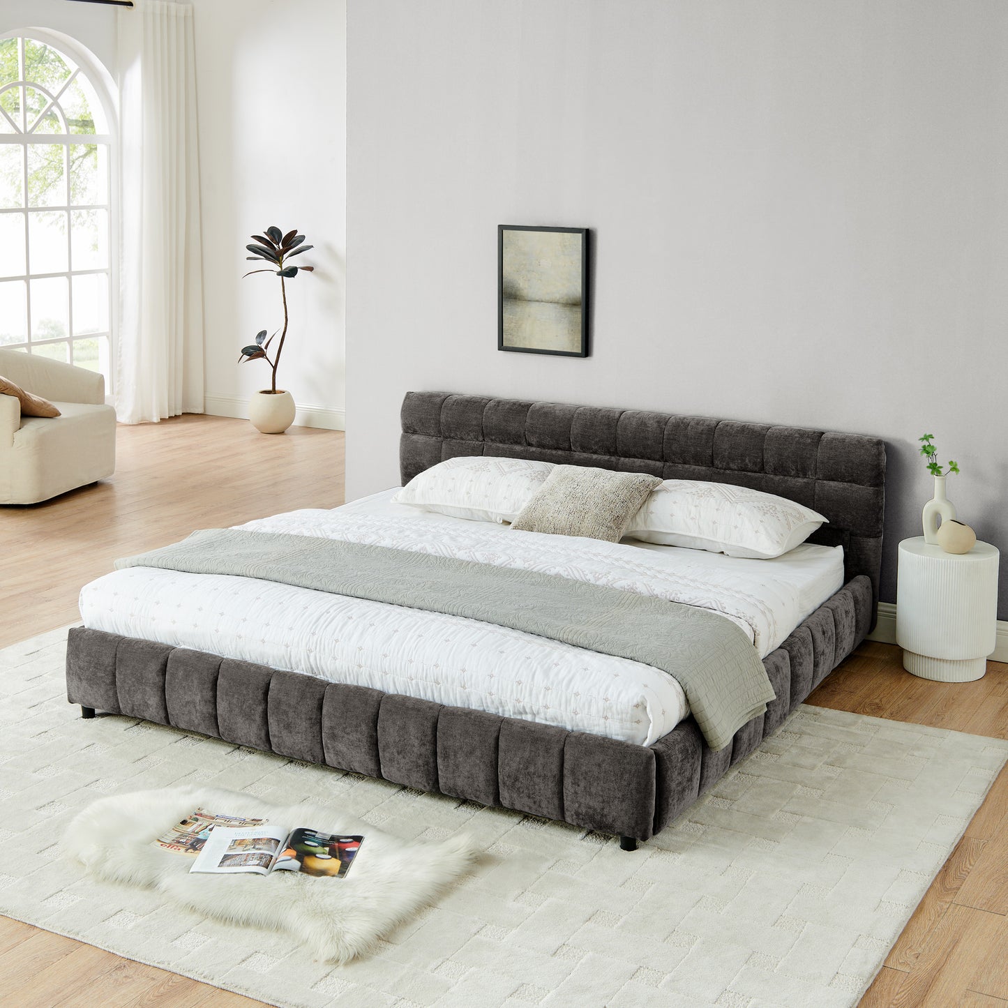 King Size Upholstered Bed ,comfortable Upholstered Bed Frame, Chenille Fabric, With Headboard And Solid Bed Frame. With Drawer For Storage.-Dark Gray 88.5x85.5x31