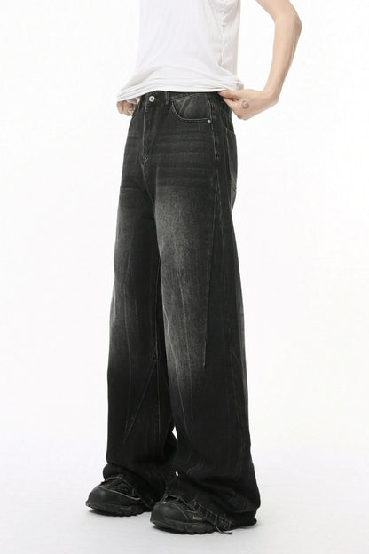 Washed Lightning Pattern Wide Leg Jeans