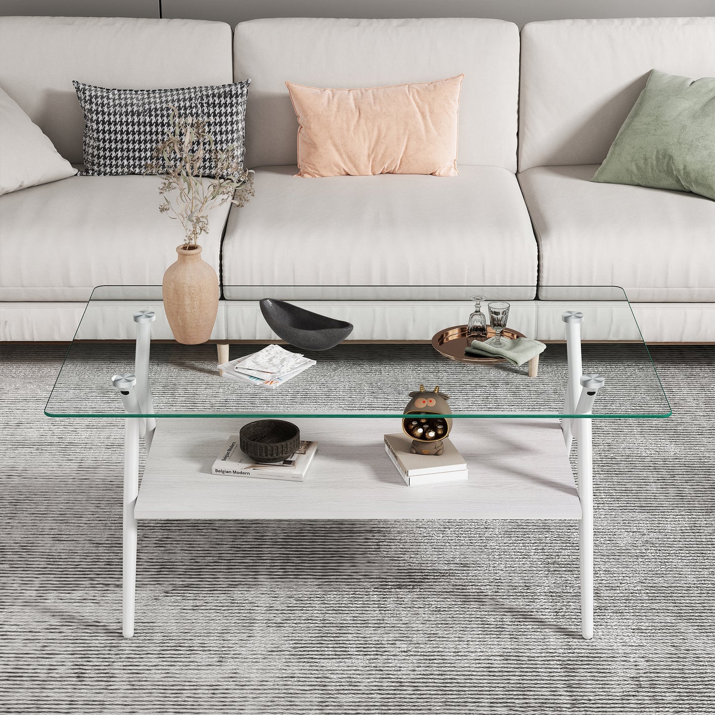 Rectangle Coffee Table With Tempered Glass Top And White Metal Legs, Modern Table For Living Room , Transparent Glass