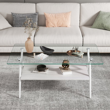 Rectangle Coffee Table With Tempered Glass Top And White Metal Legs, Modern Table For Living Room , Transparent Glass