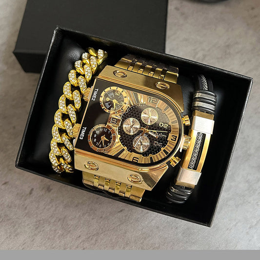 Multi-timezone Large-dial Luminous Men's Watch With Steel Strapcasual Cross-border Quartz Wristwatch