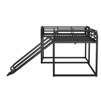 Full And Twin Size L-Shaped Bunk Bed With Slide And Short Ladder, Black