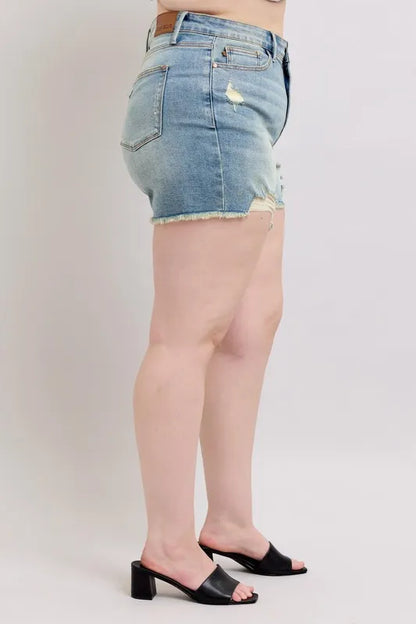 Judy Blue Plus Size High Rise Washed Fly Stitch Detail and Destroy Denim Shorts