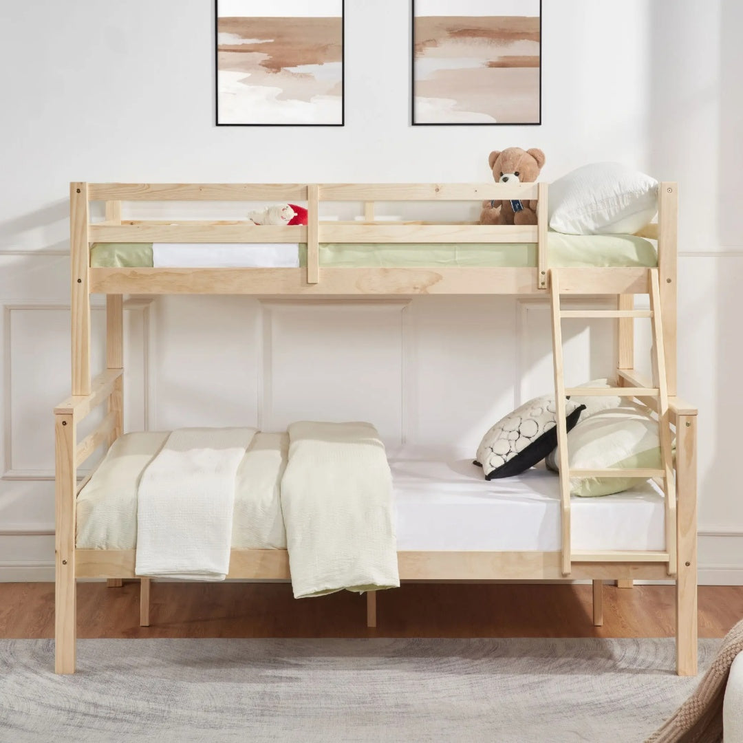 Twin Over Full Bunk Bed With Thick Posts,Wooden Bunk Bed With High Guardrail And Ladder For Kids, Teens, Dorm Rooms, And Guest Rooms,No Box Spring Needed,Natural