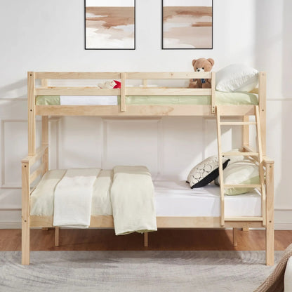 Twin Over Full Bunk Bed With Thick Posts,Wooden Bunk Bed With High Guardrail And Ladder For Kids, Teens, Dorm Rooms, And Guest Rooms,No Box Spring Needed,Natural