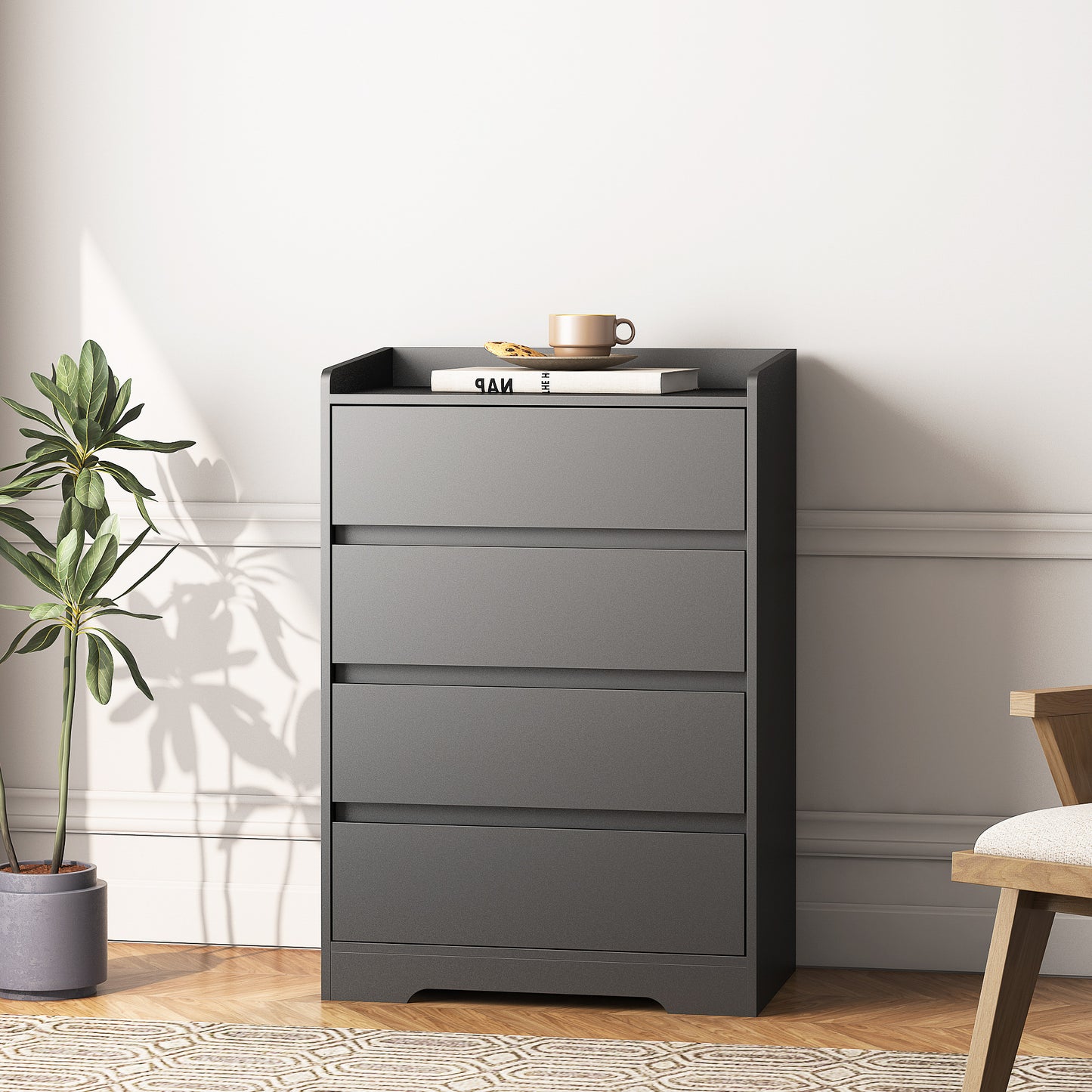4 Drawer Dresser, Chest Of Drawers Without Handle,Black Dresser For Bedroom Waterproof, Modern Wooden Cabinet With Sturdy Frame For Living Room, Entryway, Bedroom, Hallway, Office