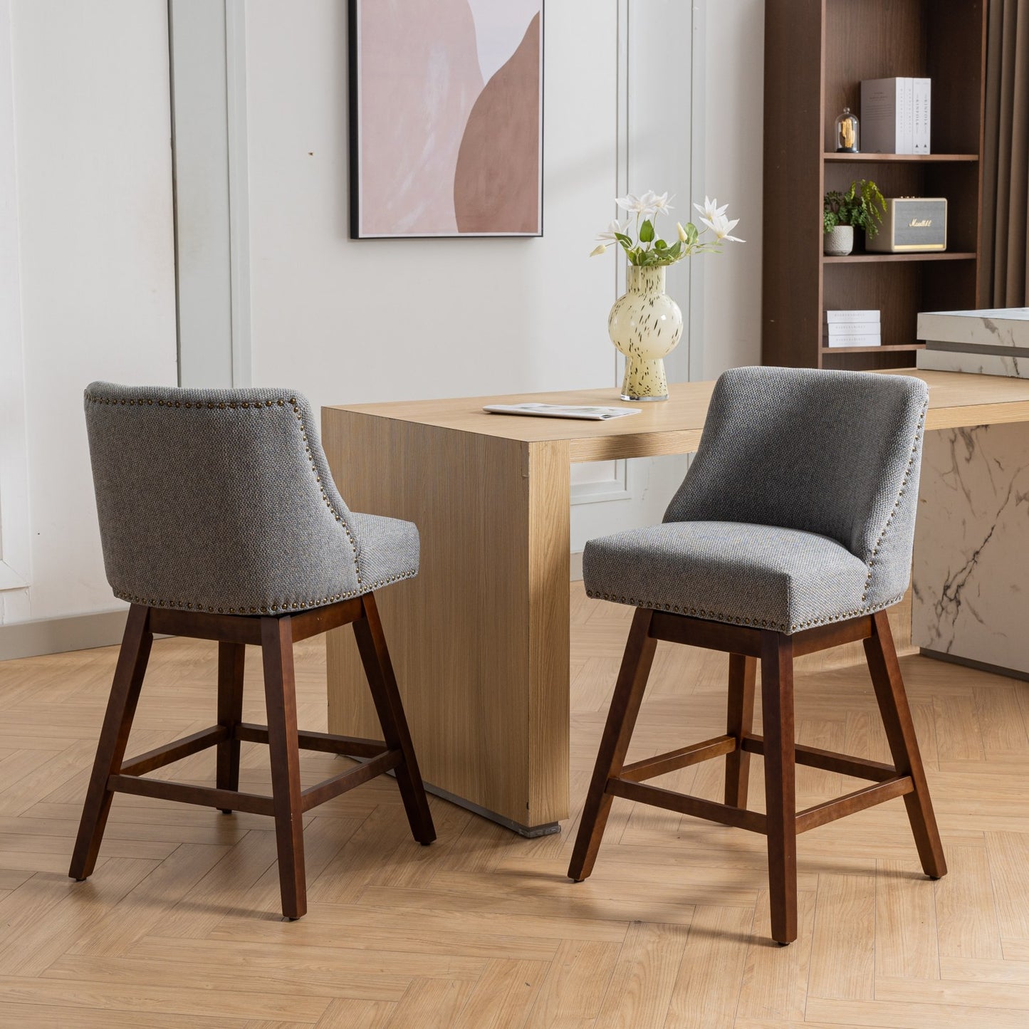 Counter Height Swivel Barstools, 26'' H Seat Height Upholstered Bar Stools Set Of 2, Fabric In Gray
