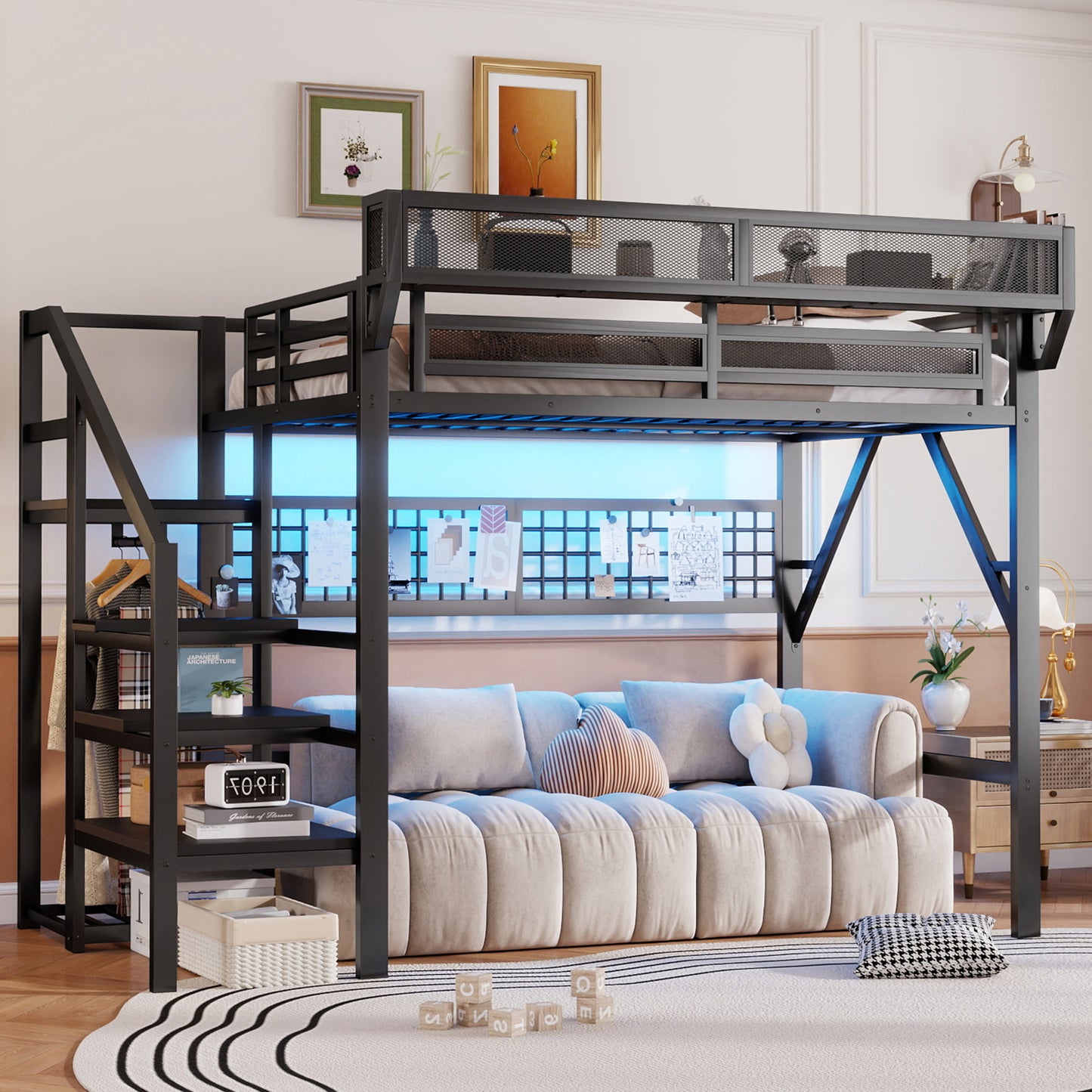Full Size Loft Bed With Stairs, Metal Full Loft Bed With Light And Storage, High Loft Bed With Wardrobe And Storage For Kids Teens Adults, Black