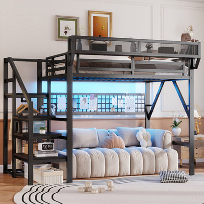 Full Size Loft Bed With Stairs, Metal Full Loft Bed With Light And Storage, High Loft Bed With Wardrobe And Storage For Kids Teens Adults, Black