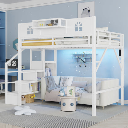 Full Size Loft Bed With Stairs, Metal Full Loft Bed With High And House Shaped Guardrails, High Loft Bed With Wardrobe For Kids Teens, White Old SKU W2593S00037 Expect Arrival Datee2026 3 17