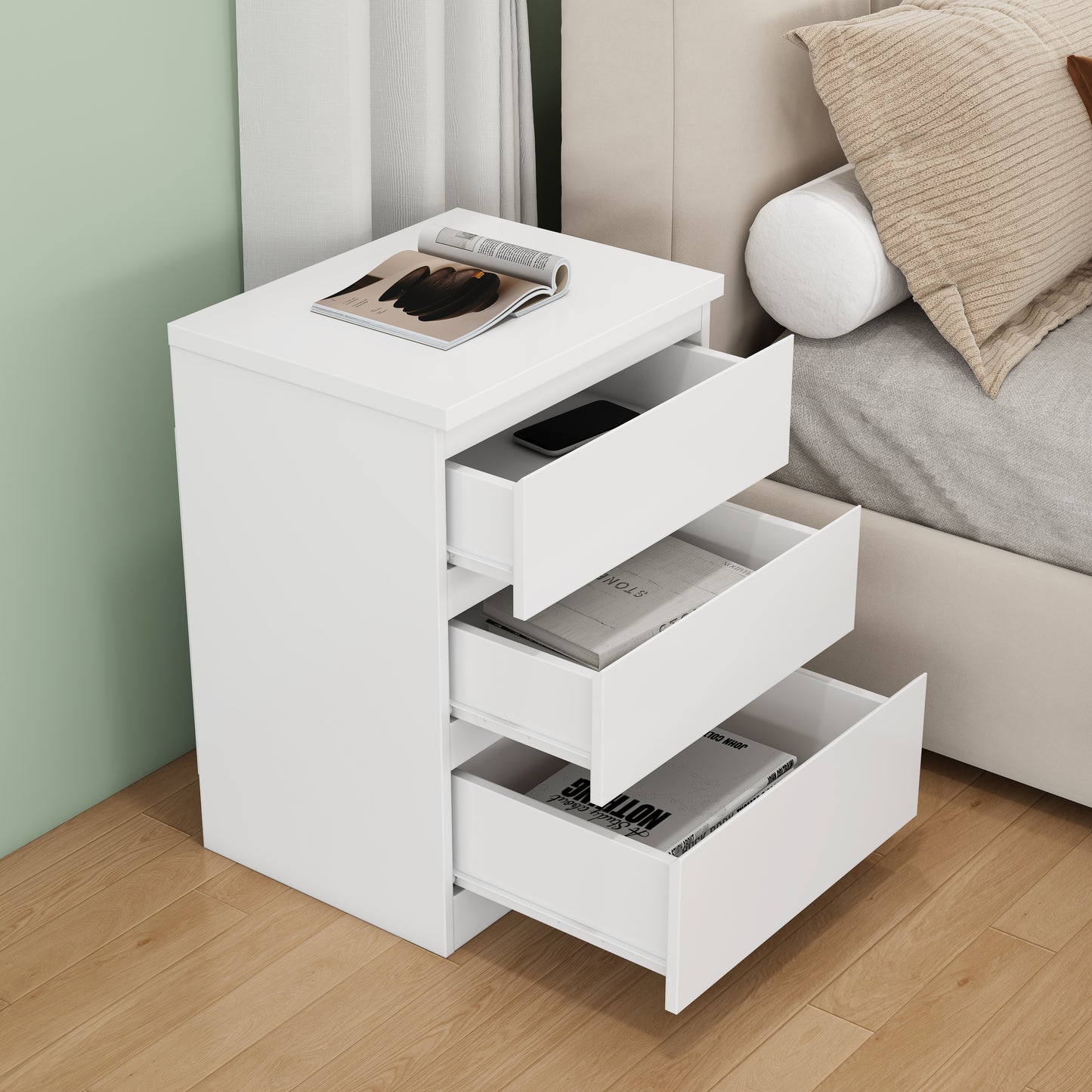 19.7-Inch White Nightstand With 3 Drawers, Beside Table With Drawers Handle Free Design,Thickened Top Plate,Small Side Table Storage Cabinet 3 Drawer Night Stand For Bedroom,Living Room