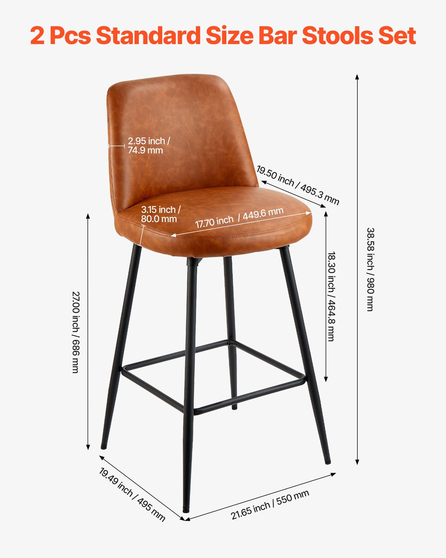 Bar Stool Set Of 2, 27 Inch Counter Height Swivel Stools, Modern PU Leather Counter Barstool With Backrest And Metal Legs, Armless Bar Chair, Island Barstool For Kitchen, Dining Room, Brown