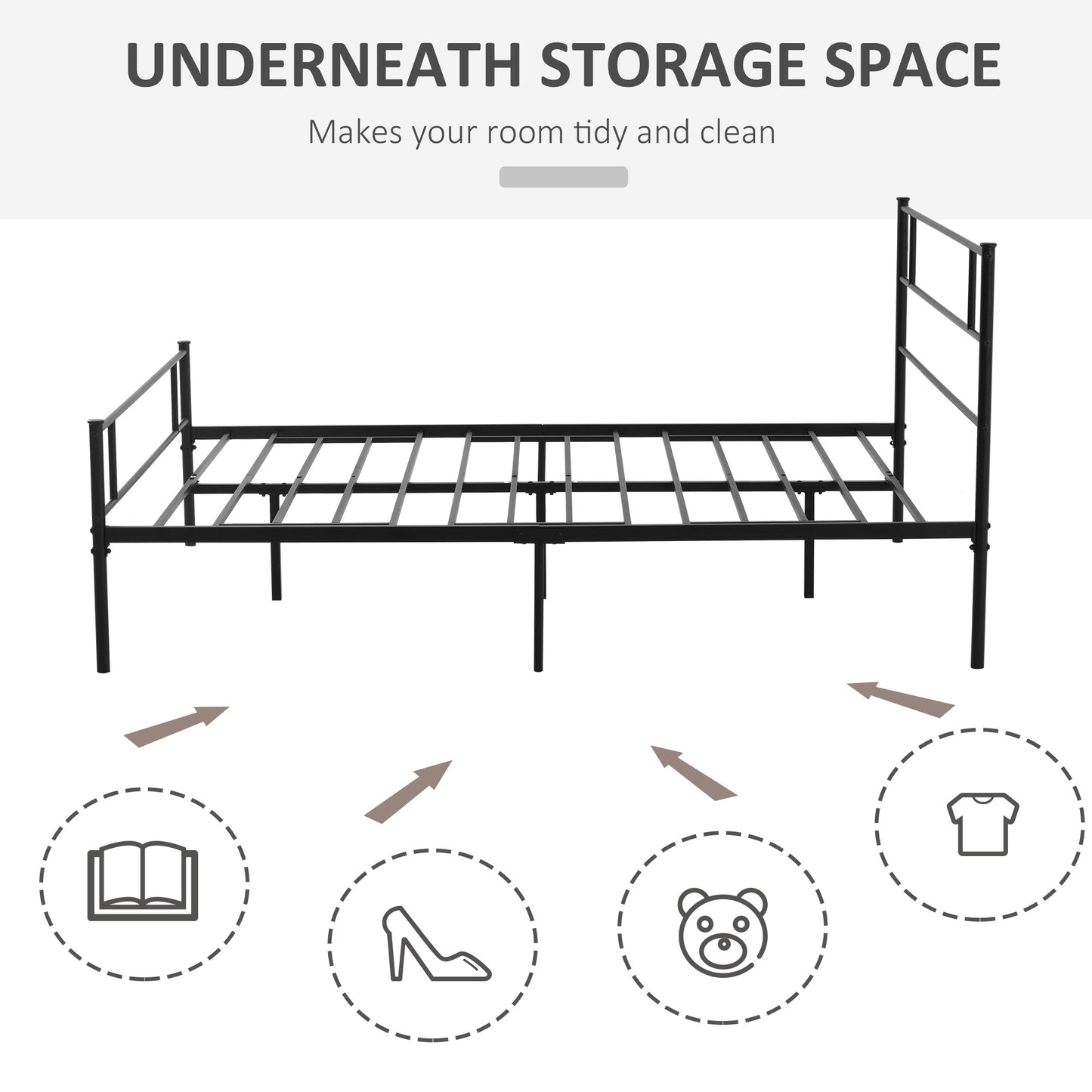 King Metal Bed Frame Solid Bedstead Base With Headboard And Footboard, Metal Slat Support And Underbed Storage Space, Bedroom Furniture, Black
