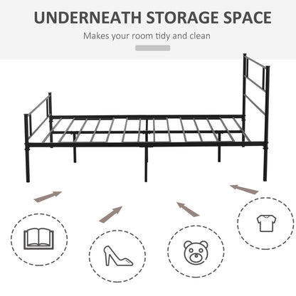 King Metal Bed Frame Solid Bedstead Base With Headboard And Footboard, Metal Slat Support And Underbed Storage Space, Bedroom Furniture, Black