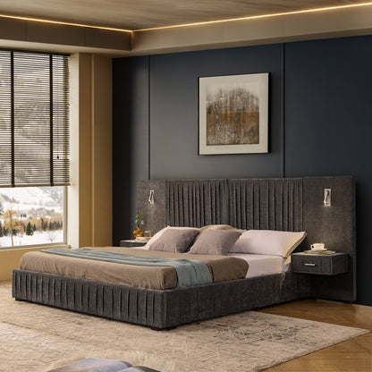 King Size Upholstered Bed Frame With Chenille Fabric With Pleated Design,Grounded King Size Platform Bed With Headboard And Solid Frame And The Bedside Table.No Box Spring Needed-DARK GREY