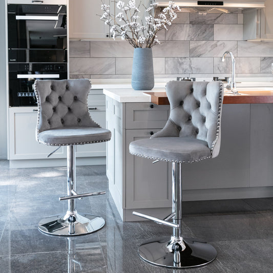 Swivel Velvet Barstools Adjusatble Seat Height From 25-33 Inch, Chrome Base Bar Stools With Backs Comfortable Tufted For Home Pub And Kitchen Island,Set Of 2,  AS1712GY, Gray