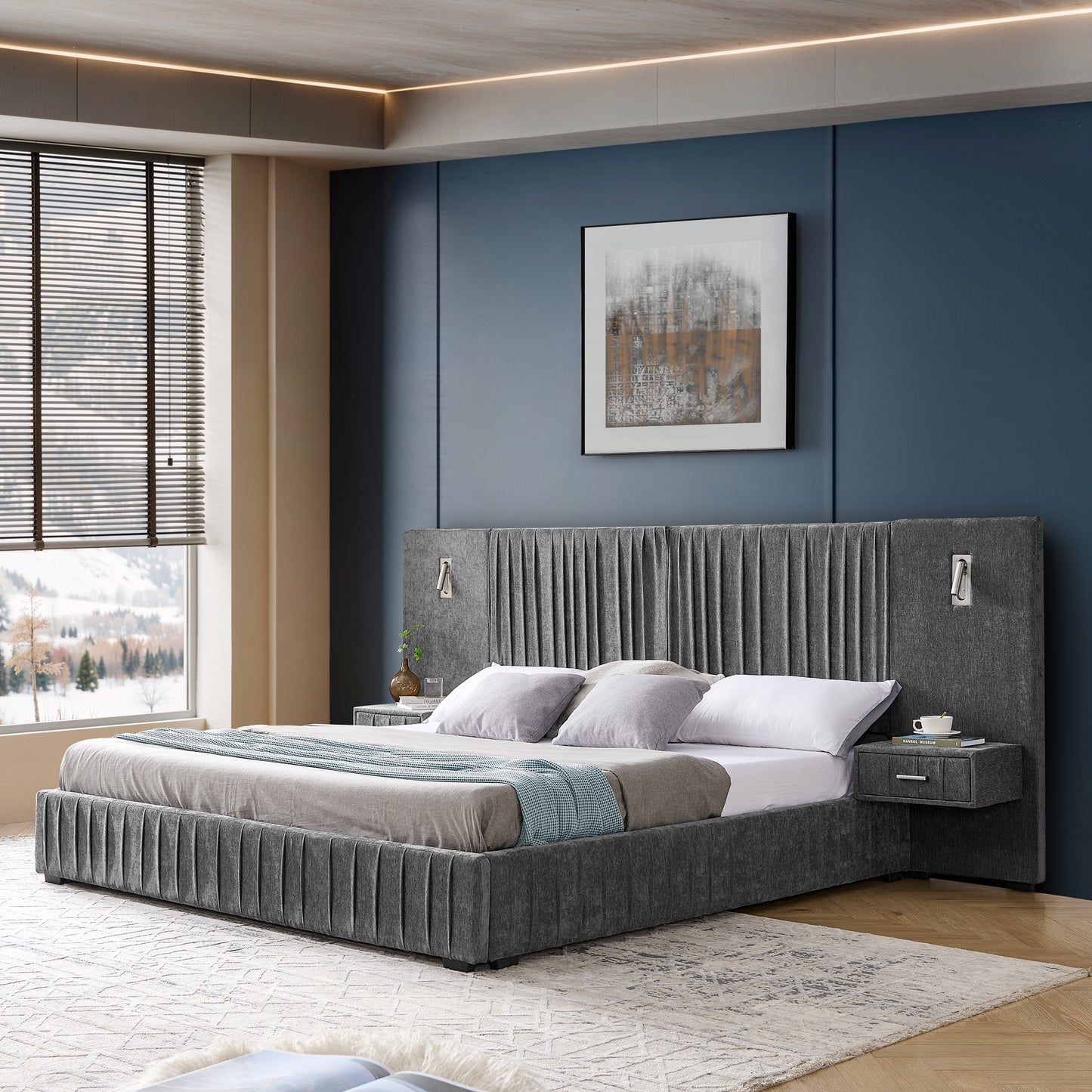 King Size Upholstered Bed Frame With Chenille Fabric With Pleated Design,Grounded King Size Platform Bed With Headboard And Solid Frame And The Bedside Table.No Box Spring Needed-DARK GREY