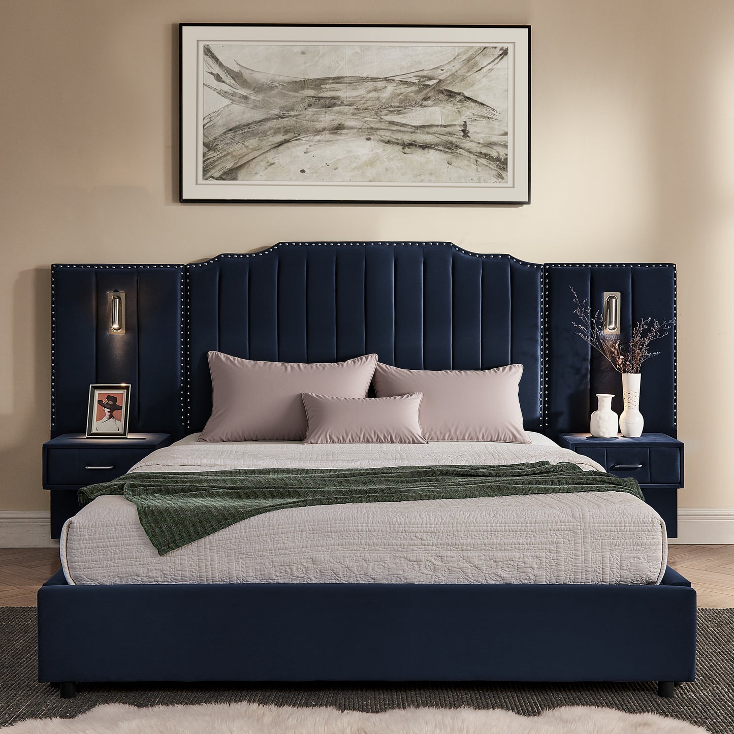 Queen Size Upholstered Bed Frame With Velvet Fabric, Vertical Stripe Design With Buttons Around  Platform Bed With Headboard, Solid Frame & Bedside Table - No Box Spring Needed-Dark Blue