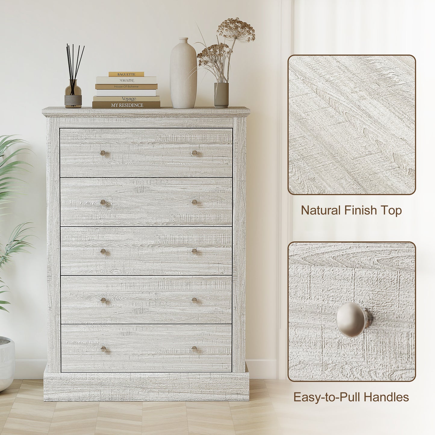 31" Wide Farmhouse Chest of Drawers with 5 Drawers, Dresser for Bedroom with Wood Top for Living Room, Dirty Oak