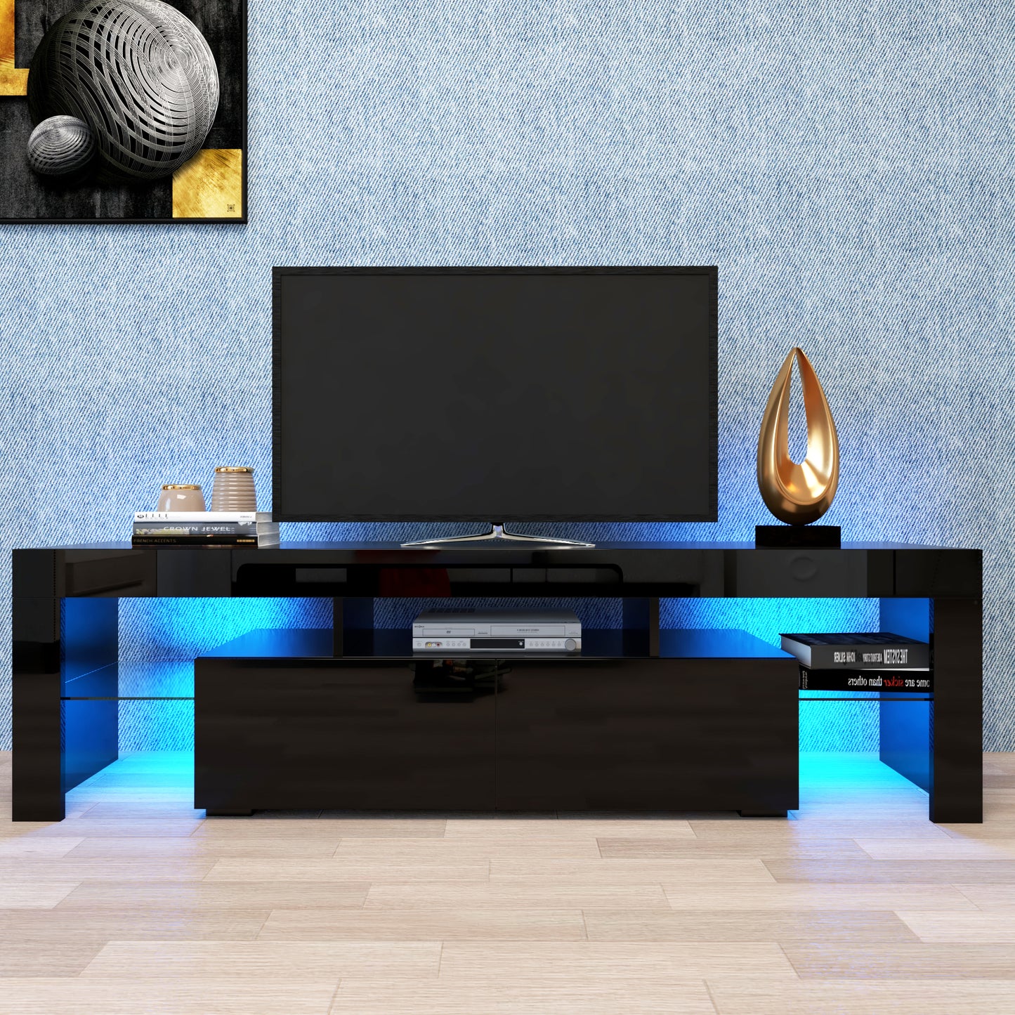 Modern Black TV Stand 20 Colors LED TV Stand W Remote Control Lights