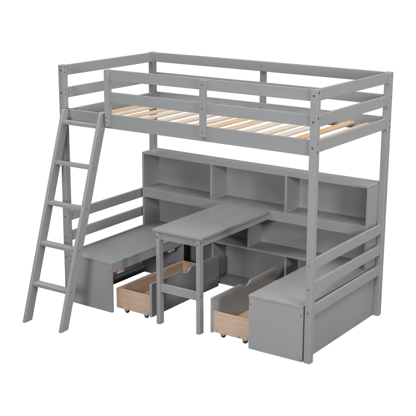 Twin Loft Bed With Storage Shelves, Drawers, Seat And Desk For Grey Color