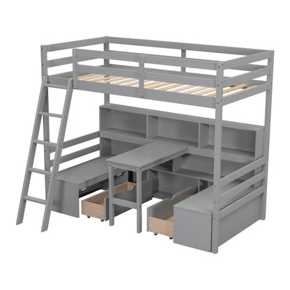 Twin Loft Bed With Storage Shelves, Drawers, Seat And Desk For Grey Color