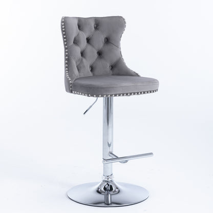 Swivel Velvet Barstools Adjusatble Seat Height From 25-33 Inch, Chrome Base Bar Stools With Backs Comfortable Tufted For Home Pub And Kitchen Island,Set Of 2,  AS1712GY, Gray