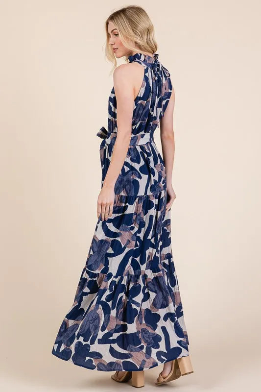 Lime 'N' Chili Abstract Halter Neck Tie-Waist Tiered Maxi Dress