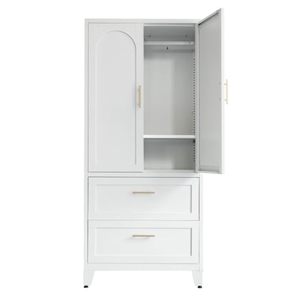 71inch Tall Metal Wardrobe Cabinet With 2 Drawers And Hanging Rod, 2 Doors Wardrobe Closet With Shelf For Bedroom, Office, Laundry Room,Entryway ,Foyer,Guesthouse White