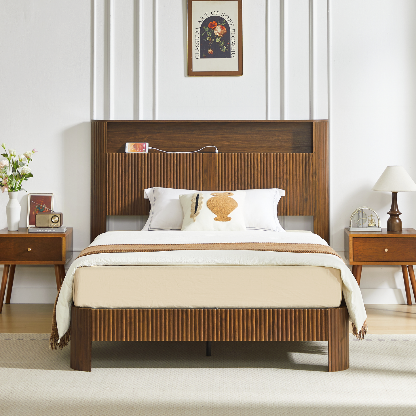 Full Extra Long Full XL  Size Bed Frame With Storage Headboard, Built-in Charging Station, Wavy Curved Lines Design, Silent Operation, Metal Support, Walnut