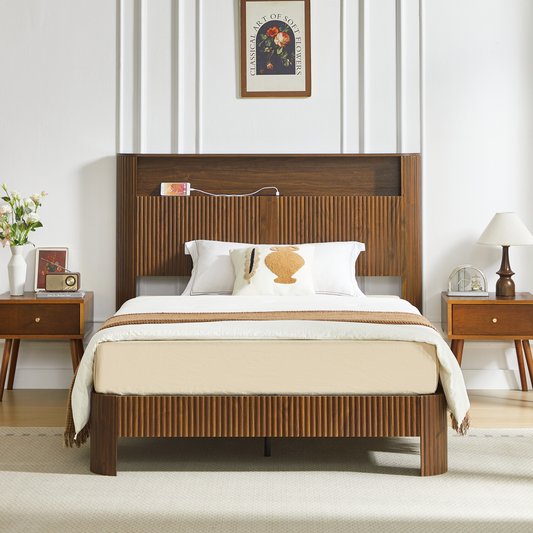 Full Extra Long Full XL  Size Bed Frame With Storage Headboard, Built-in Charging Station, Wavy Curved Lines Design, Silent Operation, Metal Support, Walnut