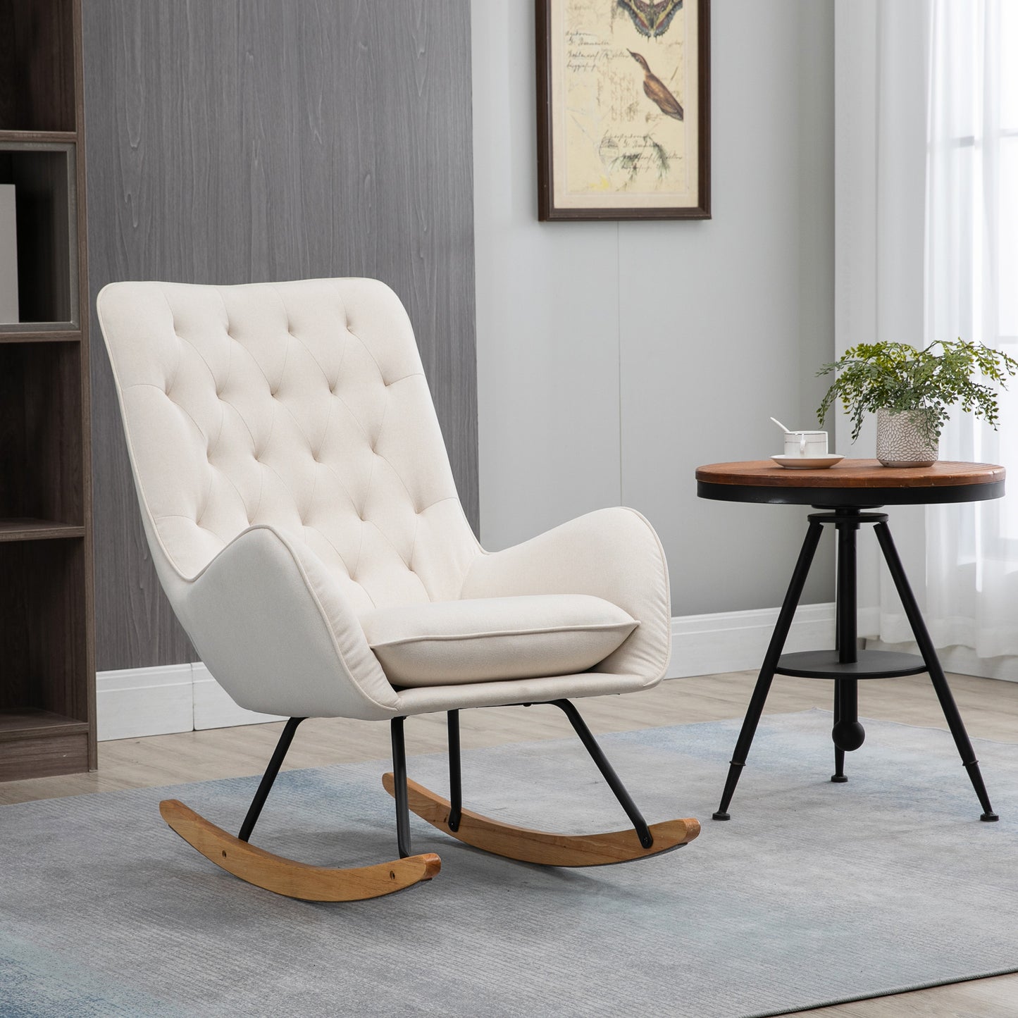 Mid-Century Fabric Rocking Chair Sofa Armchair Tufted Rocker Wingback Accent Chair with Padded Seat, Rubber Wood Base for Home Studio, Bedroom, Living Room, Cream White