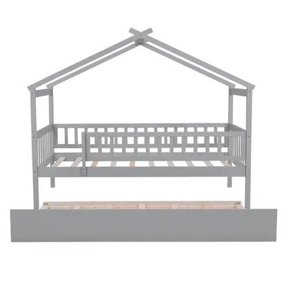 Twin Size Wooden House Bed With Twin Size Trundle