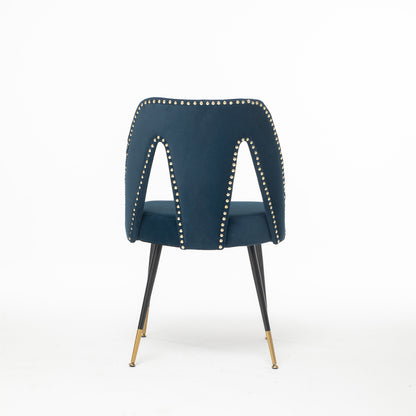 A&A Furniture,Akoya Collection Modern  Contemporary Velvet Upholstered Dining Chair With Nailheads And Gold Tipped Black Metal Legs,Blue,Set Of 2