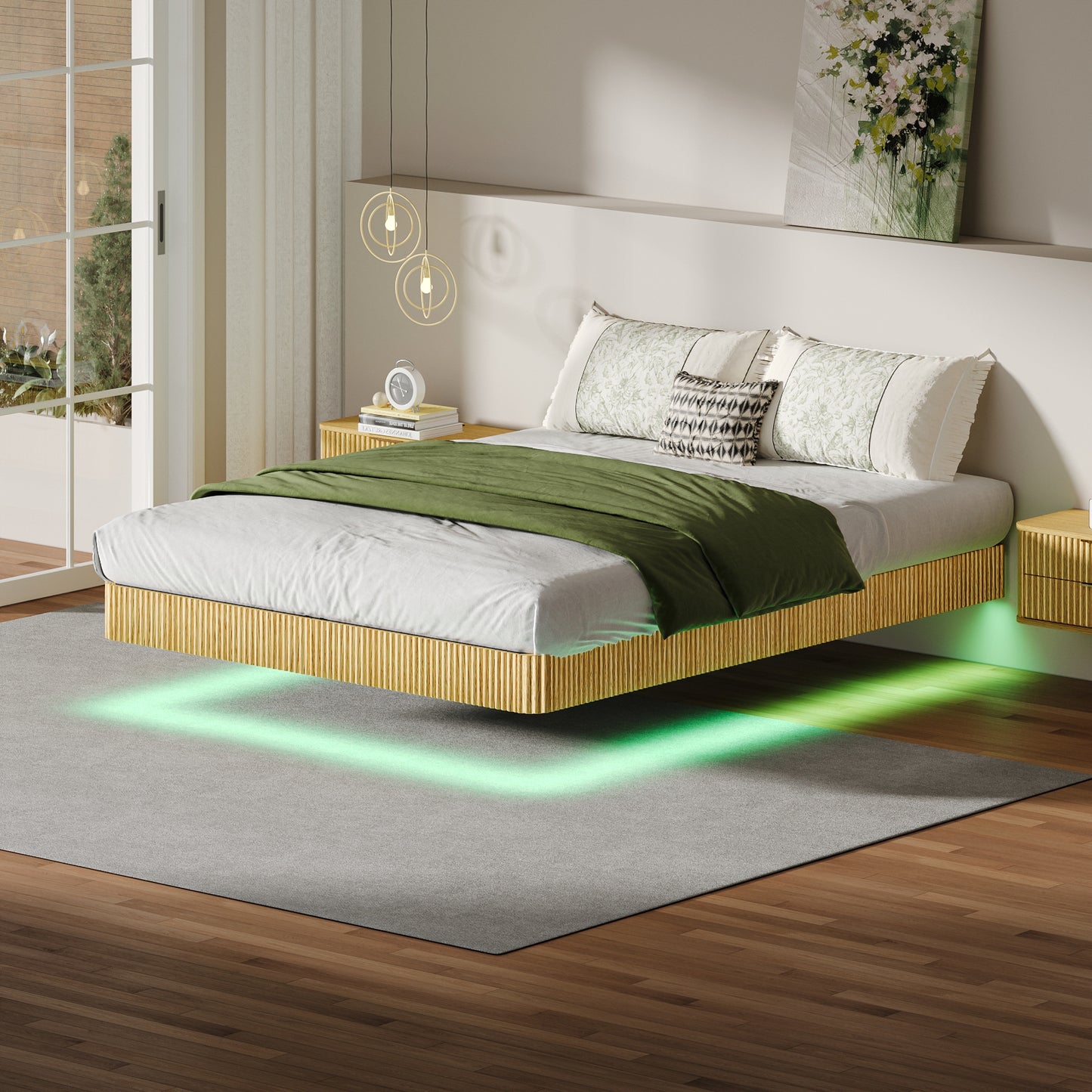 Oak Queen Floating Bed Frame With LED Lights, Wave Curve Wood Texture Bed With Heavy Duty Metal Slats - No Box Spring Needed.