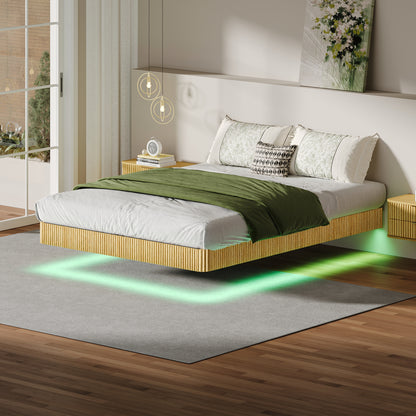 Oak Queen Floating Bed Frame With LED Lights, Wave Curve Wood Texture Bed With Heavy Duty Metal Slats - No Box Spring Needed.