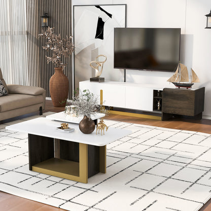 VIBE HAUS Modern Light Luxury TV Stand And Coffee Table Set Of 2, Modern TV Console,Wood Center Tables With Spacious Top, Storage Cabinet & Open Adjustable Shelves For Living Room