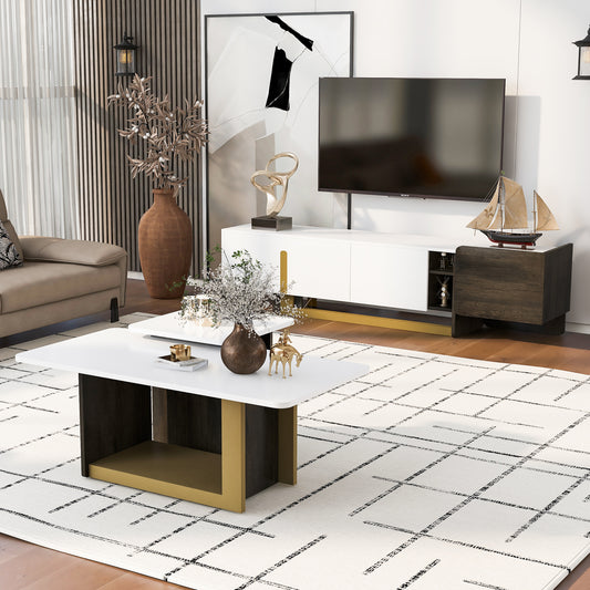 VIBE HAUS Modern Light Luxury TV Stand And Coffee Table Set Of 2, Modern TV Console,Wood Center Tables With Spacious Top, Storage Cabinet & Open Adjustable Shelves For Living Room
